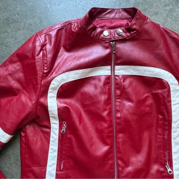 Red and White Women's Faux Leather Jacket - Picture 5 of 7